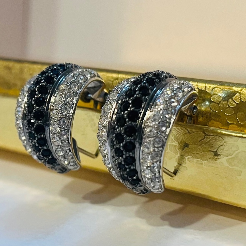 Black and clear cubic zirconia pave Demi-hoop rhodium plated pierced earrings